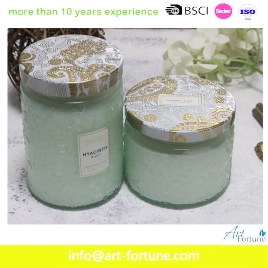 Designed Glass Jar Candle with Color Coating and Metal Lid for Home Decor