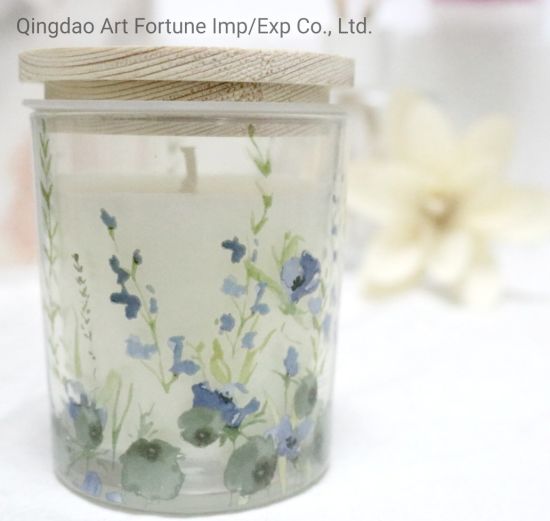200g Floral Scented Candle with Clear Glass Cup Wrapped by Decal Paper and Wooden Lid on Top