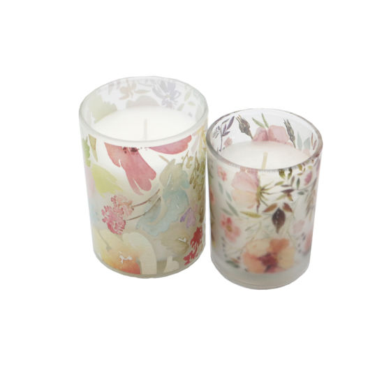 Scent Glass Candle with Flower Decal Paper and Wooden Lid