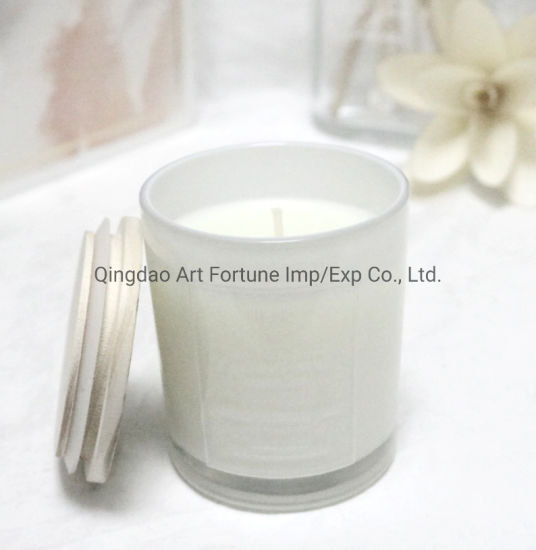 Scented Glass Votive Candle with White Color Coating Inside Silkscreen Pattern on The Surface of Glass Cup and Flower Painted Wooden Lid