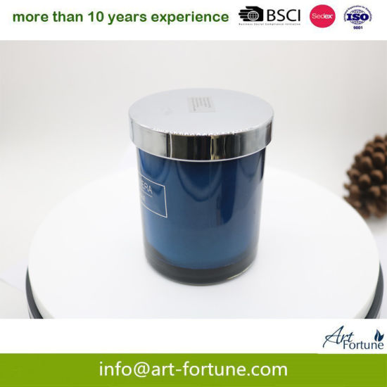 Blue Sprayed Glass Candle with Metal Lid for Home Decoration